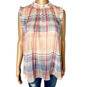Belle Sky plaid Pink Muticolor See-through ruffle neck tunic tank top  size XL
